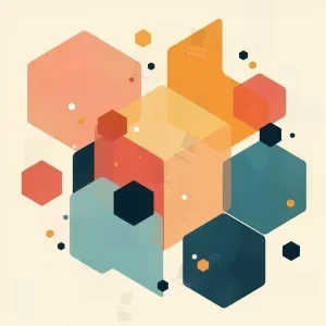 طراحی گرافیکی انتزاعی با اشکال هندسی نارنجی، آبی و مشکی روی زمینه بژ