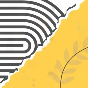 تصویر مینیمال با پس‌زمینه سفید و زرد، خطوط خمیده سیاه‌وسفید در سمت چپ و برگ ساده در پایین سمت راست