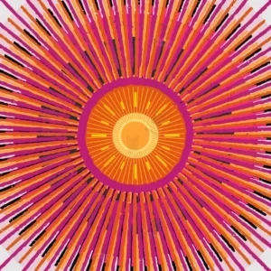 تصویر هنری آبستره با مرکز دایره‌ای نارنجی، گلبرگ‌های نازک صورتی، نارنجی و مشکی در زمینه خاکستری روشن