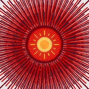 تصویر هنری انتزاعی با مرکز زرد و خطوط قرمز شعاعی بر زمینه سفید