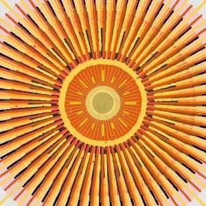 تصویر دیجیتال انتزاعی با شکلی شبیه گل آفتابگردان، مرکز نارنجی و خطوط شعاعی نارنجی و مشکی، با پس‌زمینه بژ