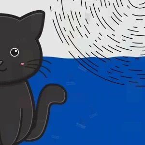 تصویر کارتونی گربه سیاه با پس‌زمینه آبی و موج سفید در گوشه بالا