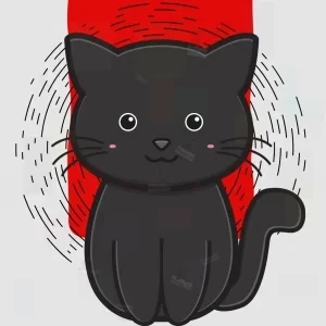 تصویر دیجیتال از گربه سیاه با چشمان بزرگ در مقابل مربع قرمز و پس‌زمینه با خطوط سفید و قرمز