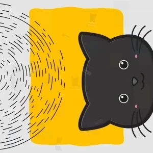 تصویر گربه سیاه با چشمان درشت روی پس‌زمینه زرد و خطوط سفید موجی در سمت چپ