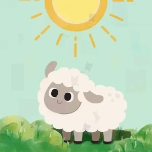 تصویر کارتونی گوسفند سفید روی چمن سبز با خورشید زرد در آسمان آبی روشن