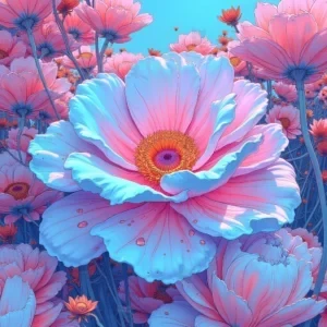 گل بزرگ آبی با مرکز صورتی در میان دشت گل‌های صورتی، قطرات آب روی گلبرگ‌ها، آسمان آبی صاف در پس‌زمینه