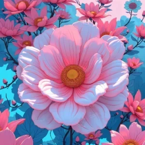 گل بزرگ صورتی با مرکز زرد در میان گل‌های کوچکتر و برگ‌های سبز در پس‌زمینه آسمان آبی و صورتی