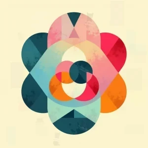 تصویر دیجیتال مینیمال از شکوفه‌ای با اشکال هندسی رنگارنگ روی زمینه بژ روشن