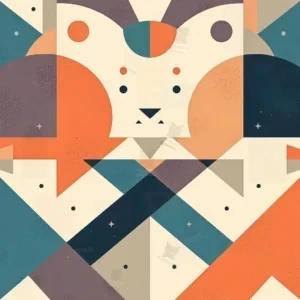 تصویر دیجیتال مینیمال از خرس بژ با گوش‌های خاکستری، احاطه‌شده در اشکال هندسی آبی و نارنجی با زمینه آبی گرادیانی