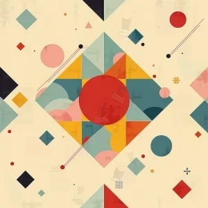 ترکیب هندسی از اشکال رنگی پاستلی با دایره قرمز در مرکز و پس‌زمینه کرم