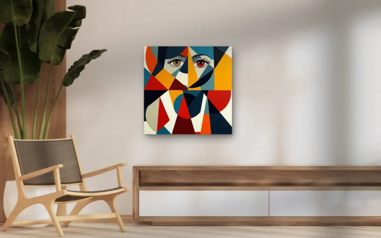 اتاق نشیمن مدرن با نقاشی هندسی صورت زن و نیمکت چوبی کنار گیاه سبز بزرگ