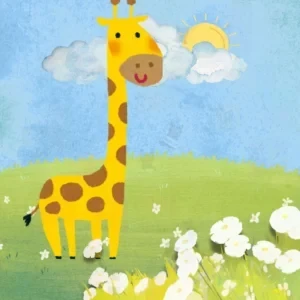 زرافه کارتونی شاد در چمنزار سبز با گل‌های سفید و آسمان آبی و آفتابی