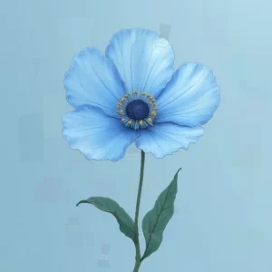 تصویر دیجیتال گل آبی با گلبرگ‌های لایه‌ای و مرکز زرد، دو برگ آبی روشن، و پس‌زمینه آبی روشن