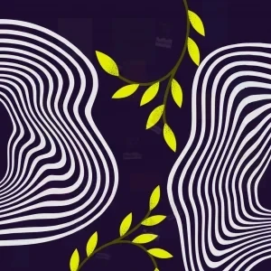 تصویر مینیمال با زمینه آبی تیره، خطوط سفید موج‌دار و برگ سبز با نقاط زرد در سمت چپ