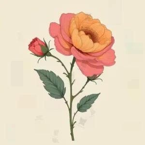 طراحی خطی گل رز صورتی و نارنجی با غنچه قرمز کوچک، برگ‌های سبز و پس‌زمینه بژ روشن