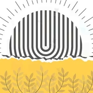 تابلو گرافیکی با زمینه زرد، خطوط مارپیچی سیاه و سفید و سه شاخه سبز در پایین تصویر