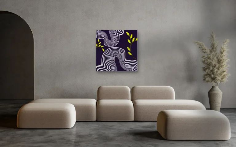 اتاق نشیمن مدرن با مبلمان مینیمال و تابلوی انتزاعی با خطوط موج‌دار و برگ‌های سبز