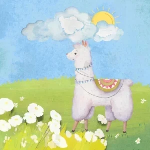 تصویر آلپاکای سفید با پتوی صورتی‌زرد، ایستاده در دشت سبز با گل‌های سفید، زیر آسمان آبی با ابرهای سفید و خورشید