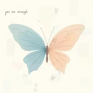 تصویر مینیمال از پروانه آبی و هلویی روی زمینه سفید با نوشته you are enough در گوشه بالا