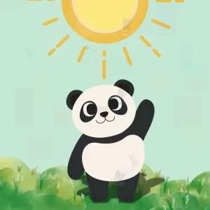 تصویر پاندا کارتونی تپل با یک دست بالا برده، ایستاده روی چمن سبز، زیر آفتاب زرد و گرادیانت سبز-آبی