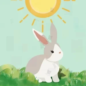 تصویر خرگوش خاکستری با چشمان بسته در دشتی سبز زیر نور خورشید با زمینه آبی و سبز