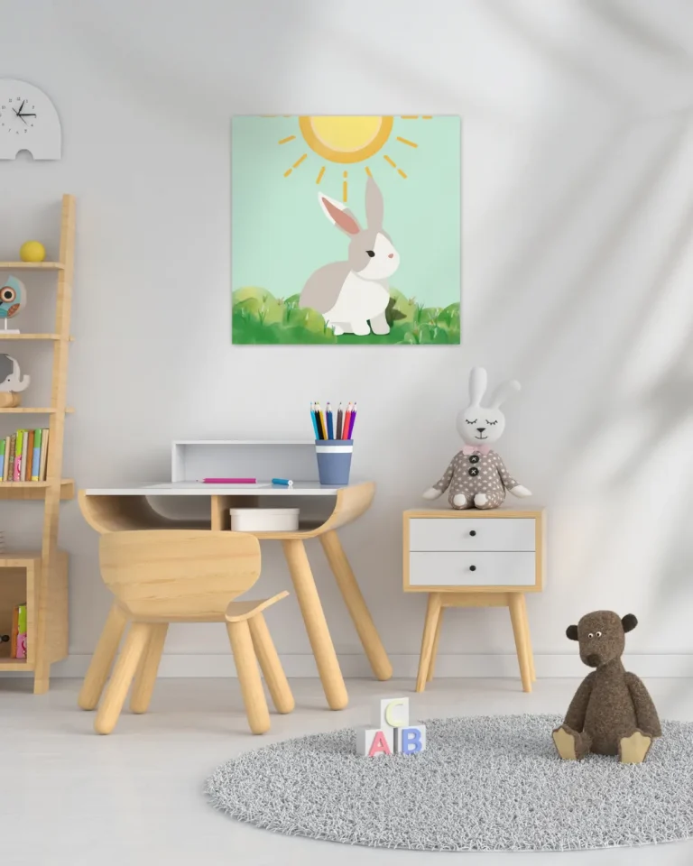 اتاق کودک به سبک اسکاندیناوی با پس‌زمینه آبی روشن، خرگوش سفید و خورشید زرد، میز چوبی و قفسه کتاب رنگی