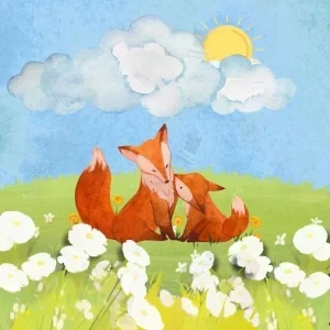 تصویر آبرنگی از روباه مادر و بچه‌روباه در میان گل‌های سفید در طبیعتی آرام زیر آفتاب