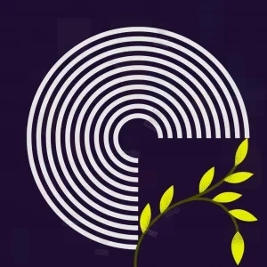 طرح گرافیکی مینیمال با مارپیچ سفید در مرکز و دو برگ زرد شناور در پس‌زمینه آبی تیره