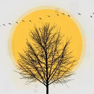 تصویر مینیمال درخت بی‌برگ در مرکز با زمینه زرد و سفید و پرندگان در حال پرواز