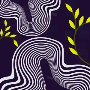 تصویر مینیمال با زمینه آبی تیره، خطوط سفید موج‌دار زیگزاگی و دو برگ سبز شناور در سمت راست