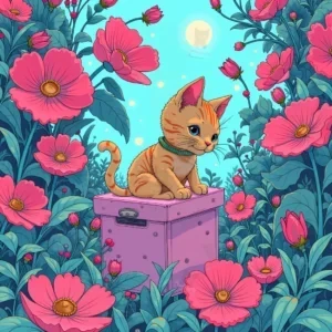 گربه‌ی نارنجی با یقه سبز، نشسته روی چمدان بنفش در میان گل‌های صورتی با آسمان آبی و خورشید درخشان