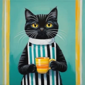 ایلوستریشن کارتونی گربه سیاه با پیش‌بند راه‌راه و فنجان زرد در پس‌زمینه فیروزه‌ای با خطوط زرد