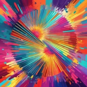 تابلو انتزاعی با پرتوهای رنگین صورتی، نارنجی، زرد، سبز، آبی و بنفش که از مرکز به اطراف منتشر می‌شوند