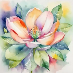 تابلو آبرنگی شکوفه ماگنولیا با گلبرگ‌های صورتی و نارنجی و برگ‌های سبز در پس‌زمینه پاستلی آبی و سبز