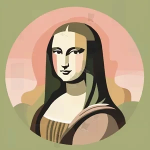 تصویر مینیمال هندسی از مونا لیزا در رنگ‌های صورتی و سبز روشن با موهای مشکی و لب‌های سیاه