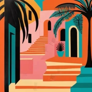 تابلو مدرن با پلکان نارنجی و فیروزه‌ای، دو نخل بلند و گلدان کوچک در حیاطی انتزاعی