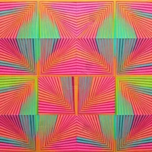 تابلو انتزاعی با مثلث‌ها و خطوط نئونی صورتی، نارنجی و فیروزه‌ای در پس‌زمینه زرد