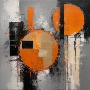 تابلو انتزاعی مدرن با دایره نارنجی و مربع سیاه در مرکز و پس‌زمینه خاکستری با اشکال هندسی