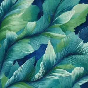 تابلو انتزاعی با الگوی پر و برگ فیروزه‌ای و سفید در پس‌زمینه سرمه‌ای