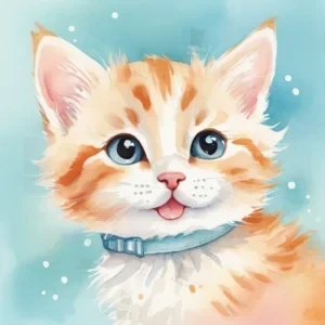 نقاشی آبرنگ بچه‌گربه نارنجی و سفید با یقه آبی و چشمان آبی در پس‌زمینه فیروزه‌ای با حباب‌های سفید