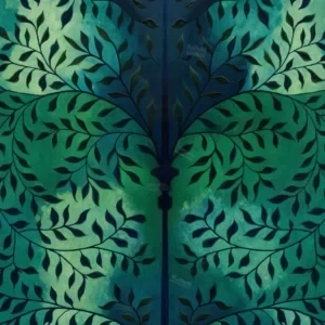 نقاشی دیجیتال انتزاعی با زمینه سبز و الگوی متقارن برگ‌ها