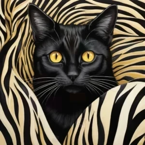 تصویر دیجیتال از گربه سیاه با چشمان زرد در میان پتوی طرح گورخری مشکی و طلایی
