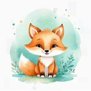 تصویر کارتونی از روباه نارنجی‌وسفید با چشمان سیاه در پس‌زمینه آبرنگی ملایم آبی و سبز