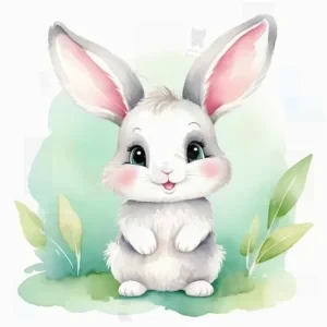 تصویر کارتونی از خرگوش سفید و خاکستری با چشم‌های سبز در میان برگ‌های سبز و پس‌زمینه ملایم سبز و آبی