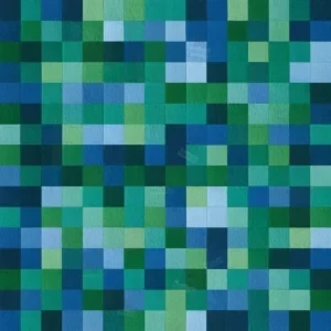 الگوی هندسی تکرارشونده با مربع‌های سبز و آبی روی پس‌زمینه فیروزه‌ای، با ظاهر پیکسلی و مدرن