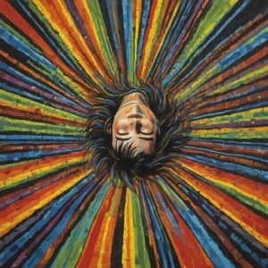 نقاشی دیجیتال سورئال از سر انسانی با موهای مشکی در میان نوارهای رنگی شعاعی