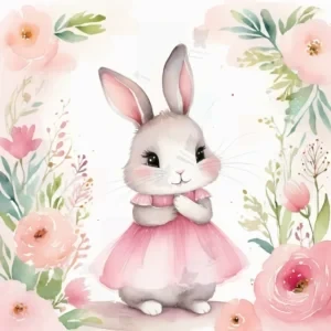 تصویر آبرنگی کارتونی از خرگوش خاکستری با لباس صورتی در میان گل‌های صورتی و سبز