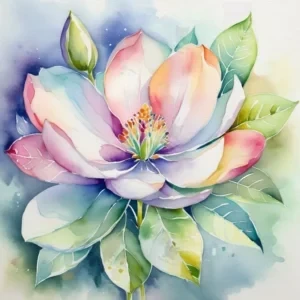 نقاشی آبرنگی واقع‌گرایانه از گل ماگنولیا با گلبرگ‌های صورتی، سفید و آبی در پس‌زمینه ملایم آبی و سبز